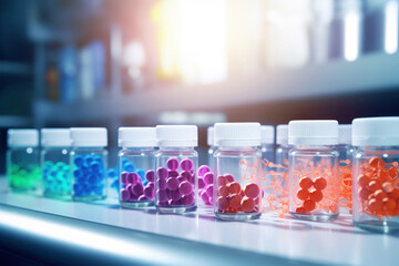 A row of colorful pills are lined up on a counter. The pills are in different colors and shapes, and they are all in clear glass bottles. The scene gives off a sense of organization and order - obrazy, fototapety, plakaty