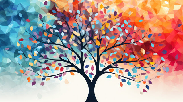 A colorful tree with many leaves is the main focus of the image. The tree is surrounded by a white background, which creates a sense of contrast and draws attention to the tree