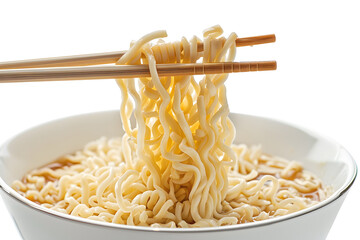 A closeup of chopsticks picking up ramen noodles from a bowl isolated on white background
