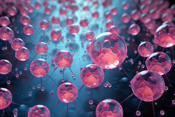 A close up of many pink spheres, some of which are connected to each other. The spheres are arranged in a way that suggests they are part of a larger structure - obrazy, fototapety, plakaty