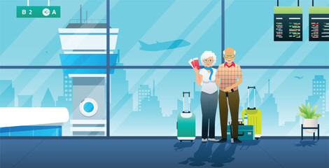 An elderly couple buys plane tickets to go on vacation. - obrazy, fototapety, plakaty
