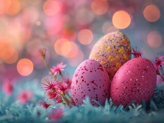 Easter eggs and spring flowers on blue background, Easter eggs and spring flowers on blue background.