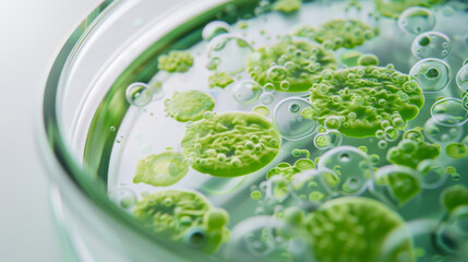 Petri dish with clusters of green microalgae under examination in a lab setting.