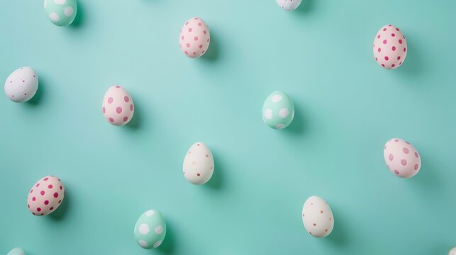Easter eggs painted pink and white against light blue background, Easter eggs on green background.