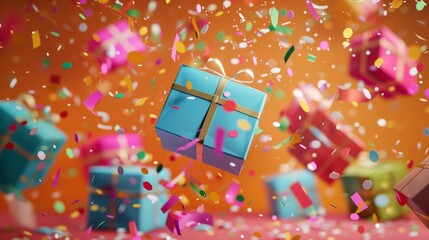 Gift boxes falling against orange background, Gifts falling on bright orange background with confetti.