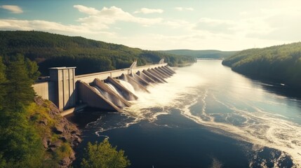 Hydroelectric dam on the river, water discharge from the reservoir. - obrazy, fototapety, plakaty