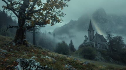 A church far away in the mountains - obrazy, fototapety, plakaty