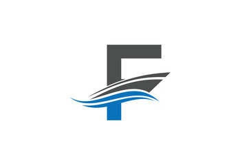 Sailing ship logo design vector illustration with latter F