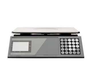 Industrial scale for weighing items and food for sale. Gray metal scales isolated on a white...