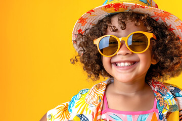 Happy kid boy with Curly Hair ,Sunglasses, hat and colorful summer outfit Smiling at camera on a Vibrant Yellow Background