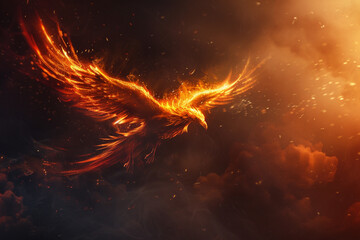 A fiery phoenix rising from the ashes against a dark smoky backdrop - obrazy, fototapety, plakaty