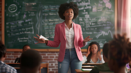 A teacher stands in front of a classroom with a world map background, engaging with students raising their hands. - obrazy, fototapety, plakaty