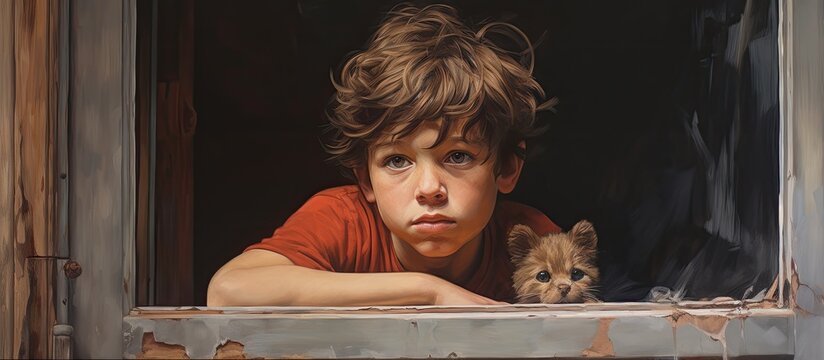 The image features a painting of a young boy looking out of a window with a small kitten by his side
