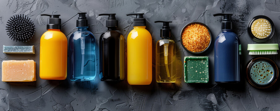 Set of personal care products on black background for banner, advertisement, web, commercial.