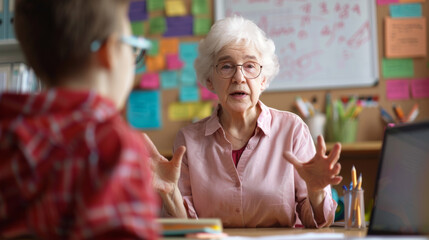 Fototapeta premium An educator discusses a topic with visible graphs on the whiteboard behind her.