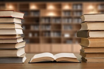 Book stack on the desk in public library