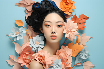 A Fashion Collage art of beautiful Asian woman with flowers and leaves in pastel colors