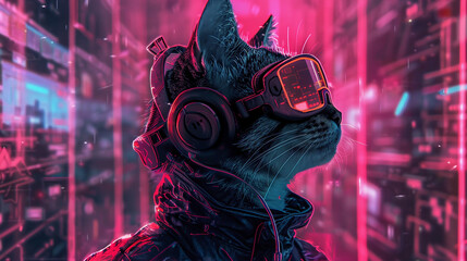 Develop a digital art piece of a cat in a futuristic technological world using headphones