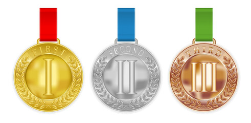 Gold , silver , bronze , medals with Roman numbers on a white background. Realistic vector illustration