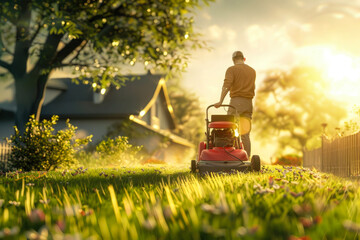 a man mows the lawn with a lawnmower on his plot next to his house - obrazy, fototapety, plakaty
