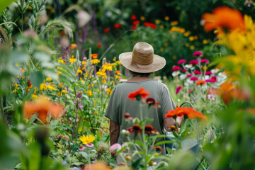 a male gardener walks through his blooming garden