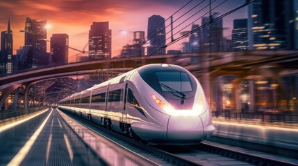 High speed high speed train in futuristic city.