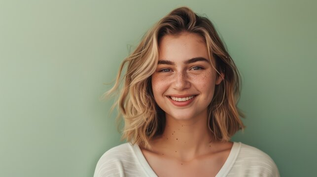 A sweet demure smile adorns the face of a 30-year-old beautiful woman standing against a plain pale pistachio background.

