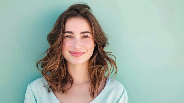 A beautiful woman, 30 years old, with a sweet demure smile, stands against a plain pale pistachio background.

