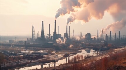 Heavy industry pollutes factory ecology catastrophe. Dirty air smog. - obrazy, fototapety, plakaty