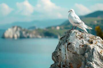 A dove perched stoically atop a tall rock , over looking a serene serene sea landscape