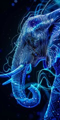 Linework Illustration Blue Neon Elephant with Streamlines moving fast Datastreams created with Generative AI Technology