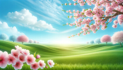 春の訪れを告げる桜並木の絵画：穏やかな空の下で咲き誇る花々と柔らかな緑の草原

美しい桜、水色の空、緑の草原を描いたイラストをアスペクト比16:9で制作させていただきました。 美しい春の日を表現できていれば幸いです。 - obrazy, fototapety, plakaty