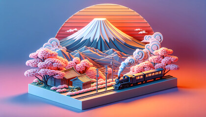 Obraz premium Mount Fuji and Sakura with High-Speed Train at Sunset