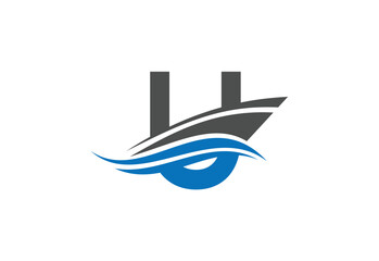 Sailing ship logo design vector illustration with latter U