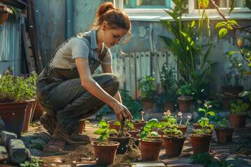 Fototapeta na wymiar female gardener is replanting plants. concept of gardening and garden care near the house
