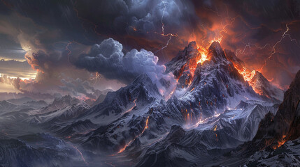 A mountain peak, the site of natures fury, where lightning, thunder, and volcanic flames converge in awe-inspiring display