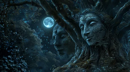 Fotobehang Ancient trees, carved faces, moonlight, mystical forest whispers secrets © monkiiz