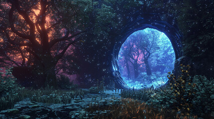 Fototapeta premium Shimmering portal, mystical forest, shortcut, different time