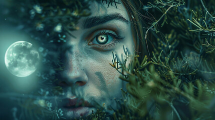 Woman, glowing eyes, gathers rare herbs, full moon, mystical forest