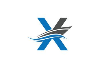 Sailing ship logo design vector illustration with latter X