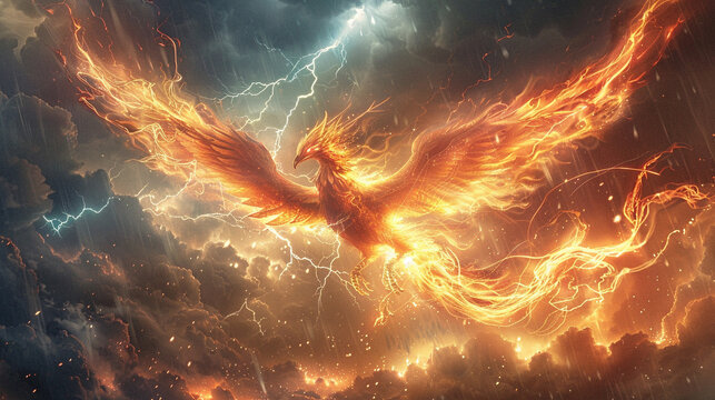 Mythical phoenix rebirth amidst a thunderstorm, flames and lightning intertwining in a dance of renewal and power