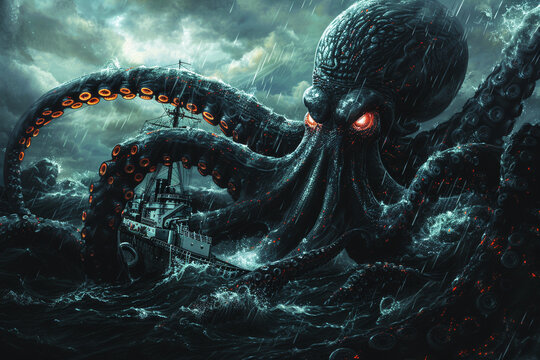 A giant squid, its eyes glowing bioluminescent red, emerges from the inky depths of the ocean, its massive tentacles wrapping around a colossal oil tanker like vines