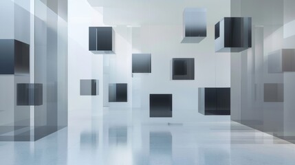 Futuristic Harmony: Floating Cubes in a Serene, Light-Filled Architectural Space