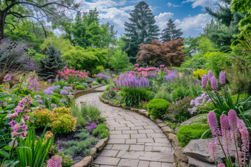 beautiful blooming garden with many colorful flowers and blooming plants and greenery