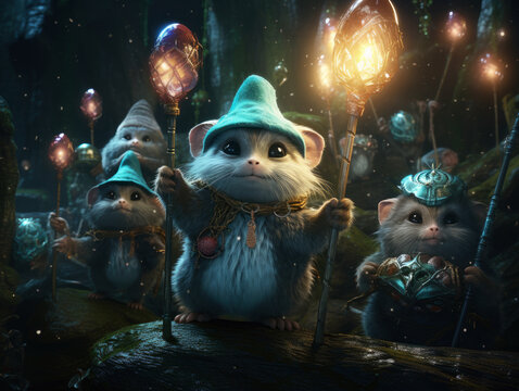 A group of small, furry creatures are holding lanterns and appear to be on a journey. Scene is whimsical and playful