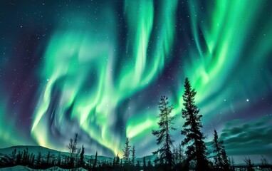 The night sky is adorned with a breathtaking aurora, gracefully moving as if dancing.