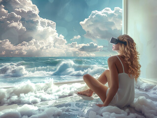 Young woman wearing virtual reality glasses sits in a room and relaxes on the seashore. Metaverse, VR, gadgets, technology concept - 764108963