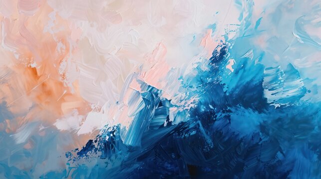 Abstract paint strokes on canvas featuring blue hues reminiscent of the sea and accents of peach.

