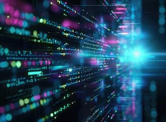 Fototapeta premium Abstract concept of coding and software development, with vibrant lines of code in selective focus on a computer screen, embodying innovation and the digital world - AI generated.