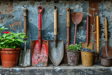 various gardening tools. tools for working in the garden or vegetable garden - obrazy, fototapety, plakaty